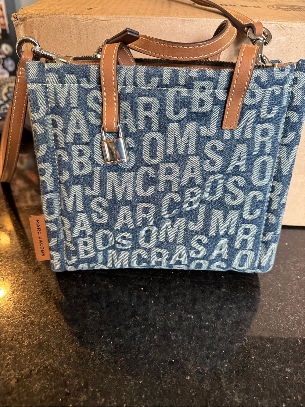 Marc Jacobs Blue Denim Logo Crossbody with Tan Leather Trim